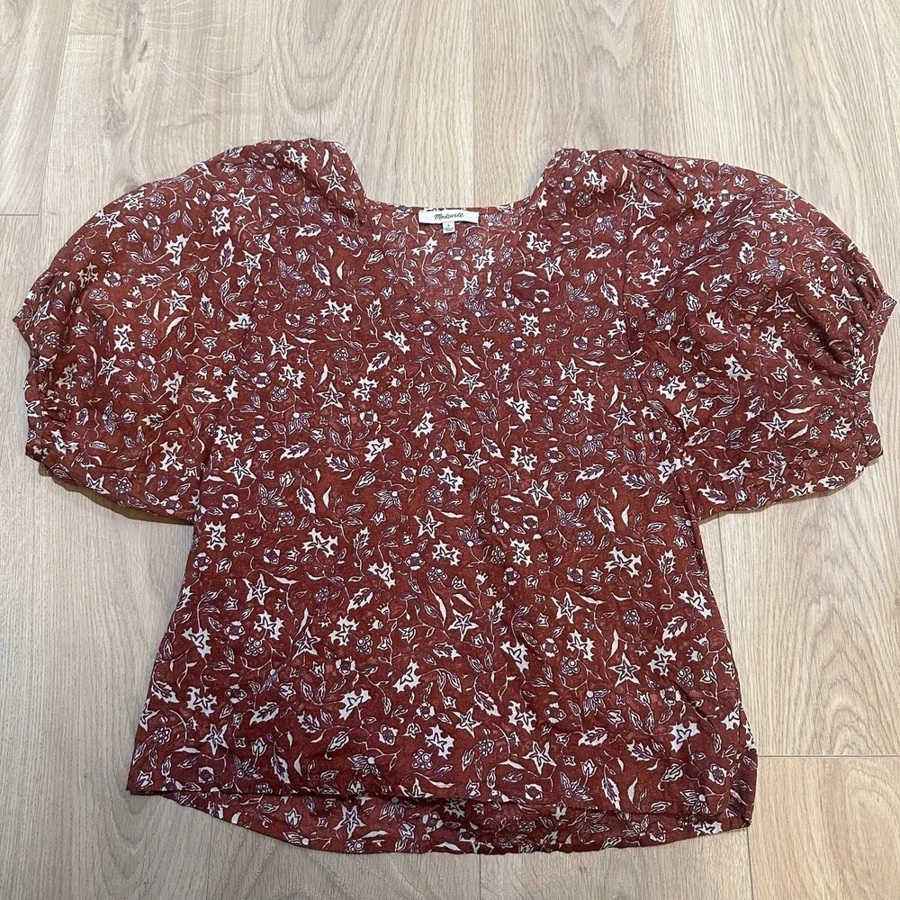 Madewell V-Neck Puff‎ Sleeve Top in Batik Vine Weathered Brick Sz S Peasant Top